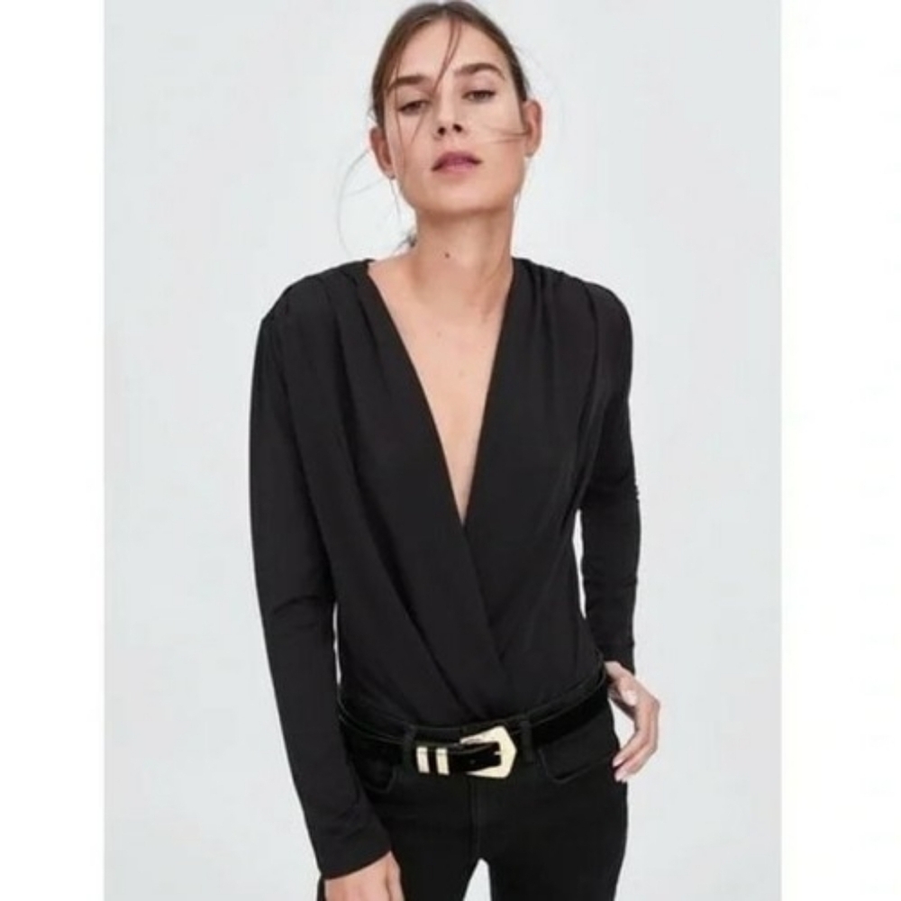 Zara Black Draped Women's Bodysuit Blouse Long Sleeve Women's Size Small Goth